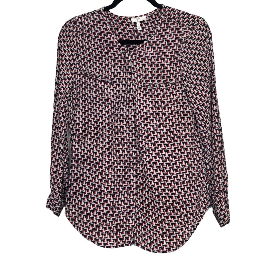 Joie Womens Red Blue Sailboat Print Blouse Long Sleeve 100% Silk Size Small